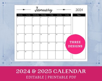 Editable Minimalist Calendar | 2024 2025 printable | office calendar | monthly monochrome planner with notes | digital download