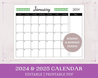 Green Gingham Calendar | 2024 2025 printable | editable calendar | monthly cottagecore planner with notes | digital download