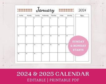 Brown Gingham Calendar | 2024 2025 printable | editable calendar | monthly cottagecore planner with notes | digital download