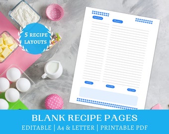 Blue Gingham Recipe Pages | Letter, A4 | summer kitchen | recipe layouts | cooking binder | editable recipe templates | instant download