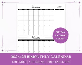 Editable 2024 Bimonthly Calendar | 2024 2025 printable | office calendar | monthly planner with notes | minimalist | digital download