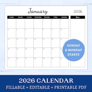 Editable 2026 Calendar | printable blank calendar with notes | fillable minimalist monthly calendar for office and home | digital download