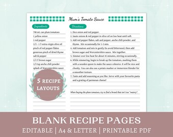 Recipe Template Printable | recipe collection | blank fillable recipe pages | editable recipe planner inserts | instant download