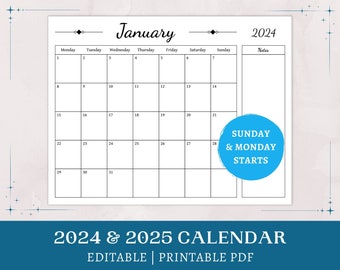 Editable Calendar | 2024 2025 printable | office calendar | monthly planner with notes | minimalist | digital download