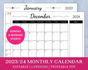 Editable Calendar | 2023 2024 printable | office calendar | monthly planner with notes | minimalist | digital download