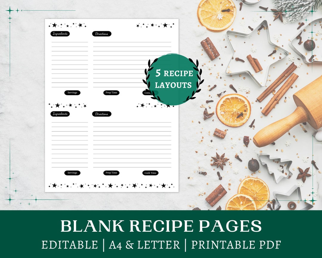 Editable Recipe Sheet Printables Letter, A4 Holiday Baking Recipe Layouts Cooking Binder Recipe ...
