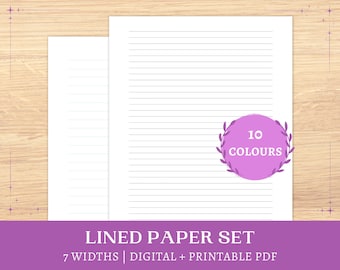 Lined Paper Printable | digital notebook | Letter, Half Letter, A5, A4 lined paper | multiple widths, assorted colours | instant download