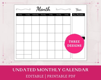 Editable Blank Calendar | undated | monthly planner with notes | printable fridge calendar | minimalist office planner | instant download