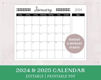 Black Gingham Calendar | 2024 2025 printable | editable calendar | monthly cottagecore planner with notes | digital download