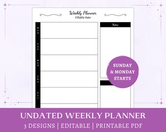 Weekly Planner Printable | undated planner with notes | minimalist printable design | weekly overview | instant download