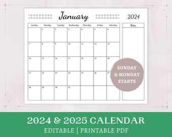 Grey Gingham Calendar | 2024 2025 printable | editable calendar | monthly cottagecore planner with notes | digital download