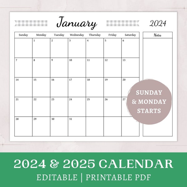 Grey Gingham Calendar | 2024 2025 printable | editable calendar | monthly cottagecore planner with notes | digital download