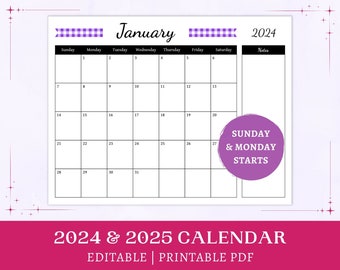 Purple Gingham Calendar | 2024 2025 printable | editable calendar | monthly cottagecore planner with notes | digital download