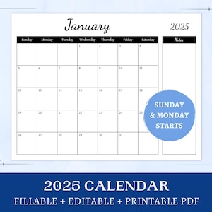 Editable 2025 Calendar | printable blank calendar with notes | fillable minimalist monthly calendar for office and home | digital download