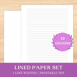 Lined Paper Printable | Letter, Half Letter, A5, A4 lined paper | multiple widths, assorted colours | instant download