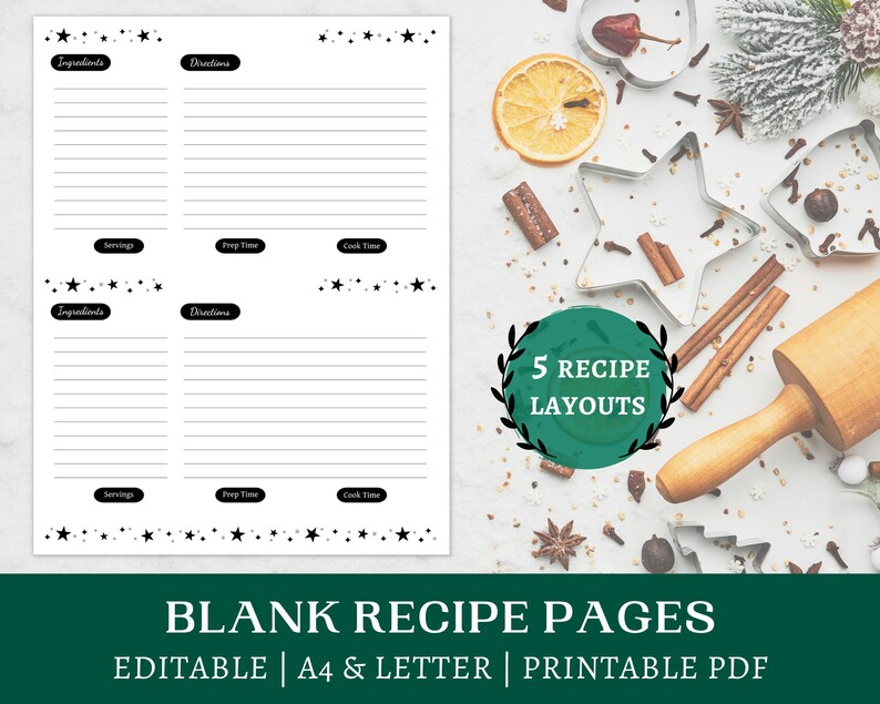 Editable Recipe Sheet Printables Letter A4 Holiday Baking - Etsy