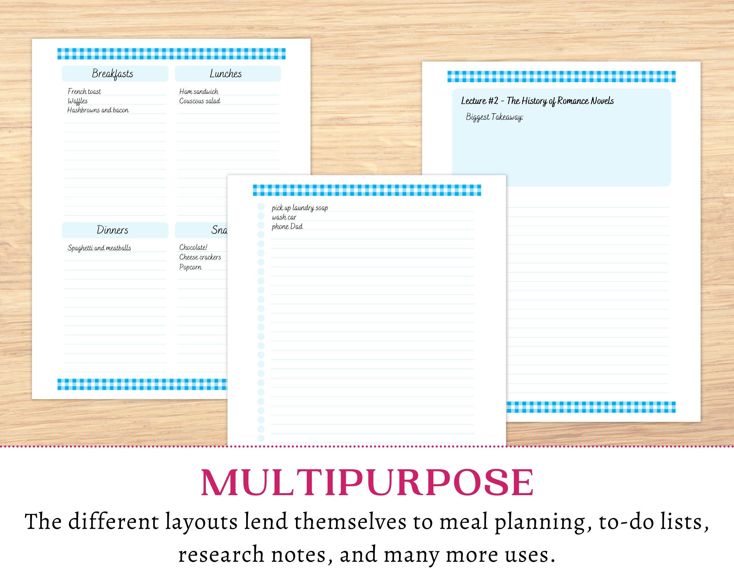 Printable Aqua Blue Stationery Checklist Templates Lined Gingham Paper ...