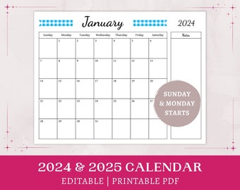 Aqua Blue Gingham Calendar | 2024 2025 printable | editable calendar | monthly cottagecore planner with notes | digital download