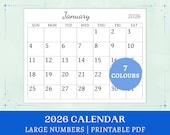 2026 Printable Calendar with Large Numbers | sunday and monday starts | minimalist monthly calendar | big font | instant digital download