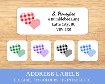 DIY Printable Gingham Heart Address Labels | fillable | editable | cottagecore stationery | retro vintage | instant download