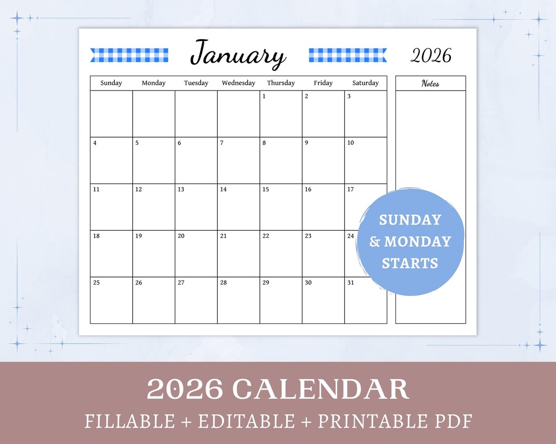 Printable 2026 Calendar With Notes | Editable Fillable Pdf Calendar ...