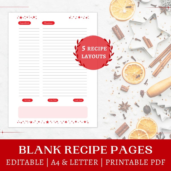 Editable Recipe Pages | Letter, A4 | holiday cooking | star design | recipe layouts | cooking binder | recipe templates | instant download