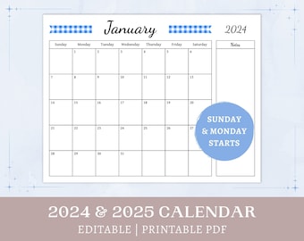 Blue Gingham Calendar | 2024 2025 printable | editable calendar | monthly cottagecore planner with notes | digital download