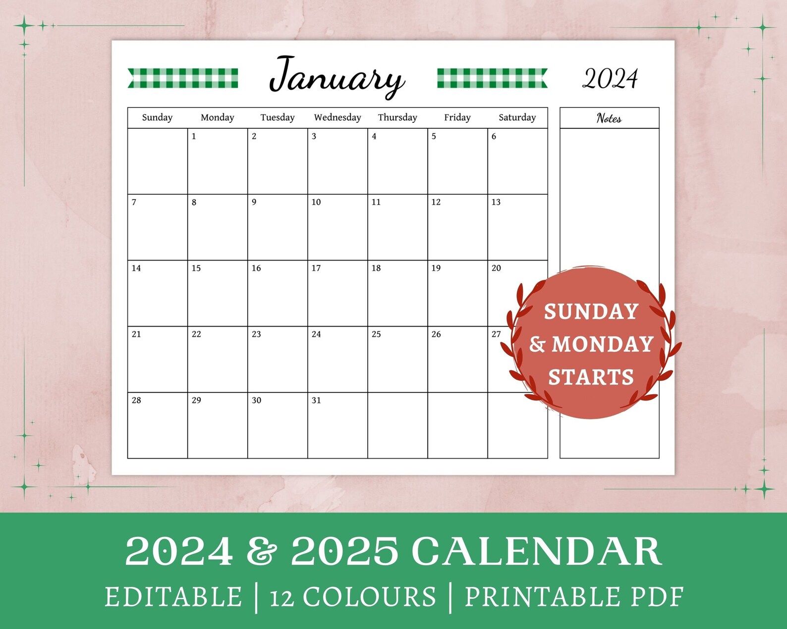 Printable 2024 2025 Calendar Gingham Letter Fillable Monthly Calendar