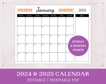 Orange Gingham Calendar | 2024 2025 printable | editable calendar | monthly cottagecore planner with notes | digital download