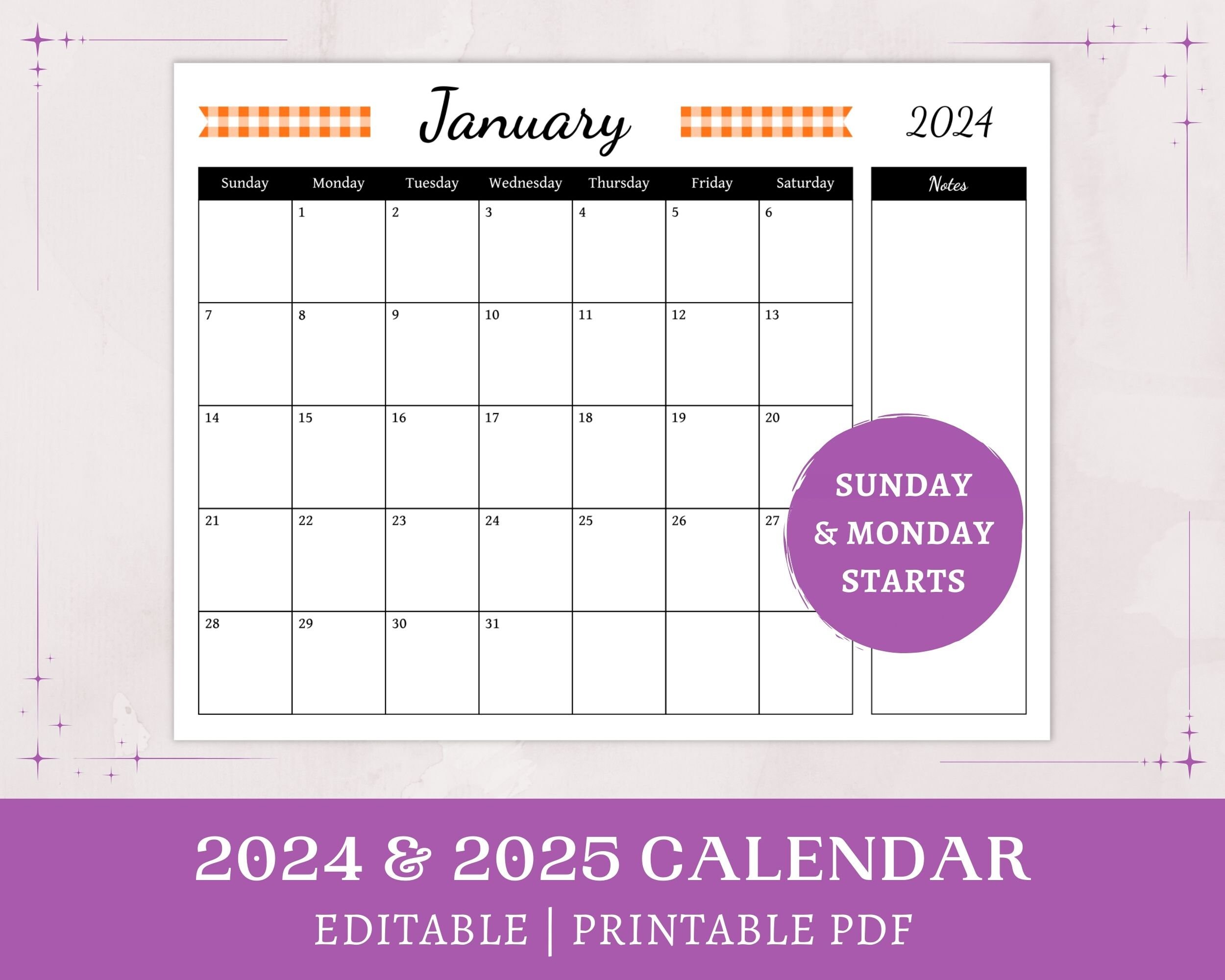 Orange Gingham Calendar 2024 2025 Printable Editable Calendar Monthly