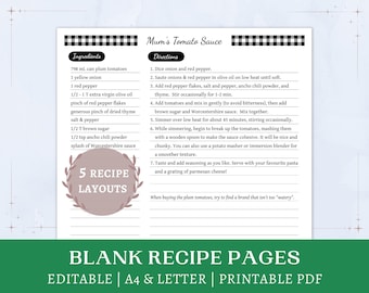 Recipe Template Printable | recipe collection | blank fillable recipe pages | editable recipe planner inserts | instant download