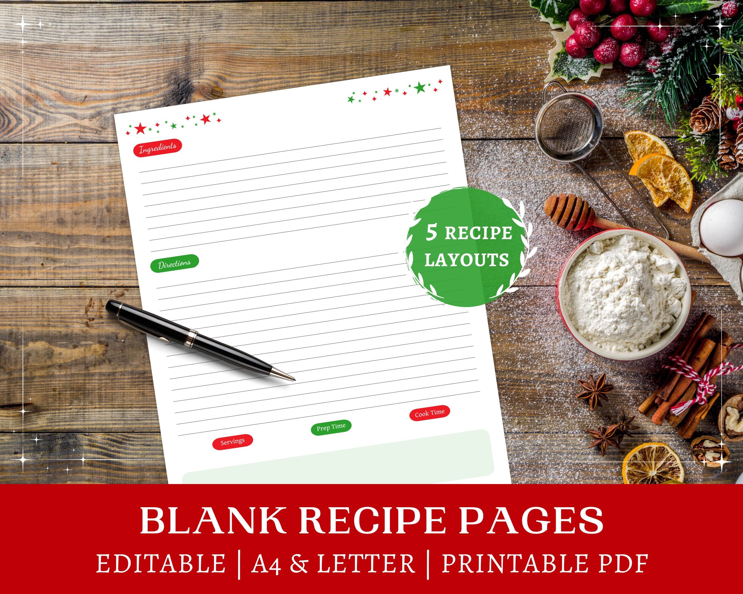 Editable Recipe Sheet Printable Letter, A4 Christmas Baking Recipe Layouts Cooking Binder Recipe ...