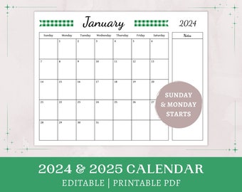 Spruce Green Gingham Calendar | 2024 2025 printable | editable calendar | monthly cottagecore planner with notes | digital download