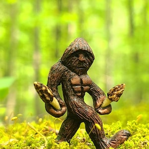 Bigfoot pin with Morel mushrooms hand carved from Black Walnut