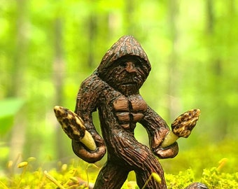 Bigfoot pin with Morel mushrooms hand carved from Black Walnut