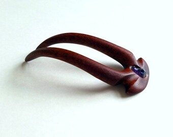 Amethyst gemstone hair fork hand carved from aged Mahogany wood