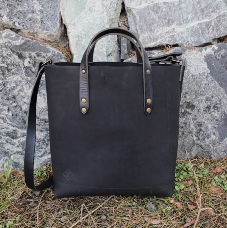 Black Leather Crossbody Tote Leather Crossbody Bag With Front Etsy