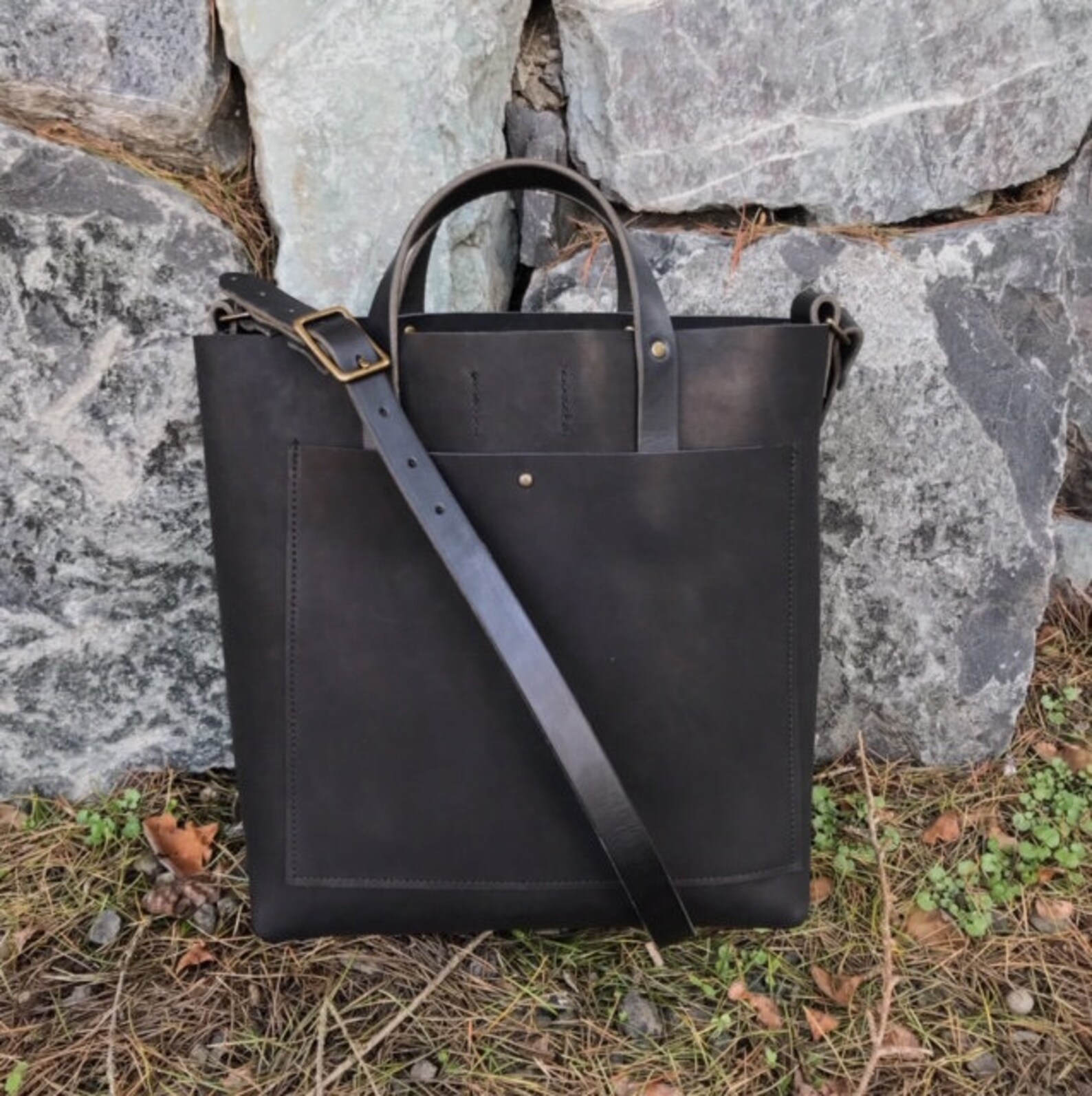Black Leather Crossbody Tote Leather Crossbody Bag With Front Etsy