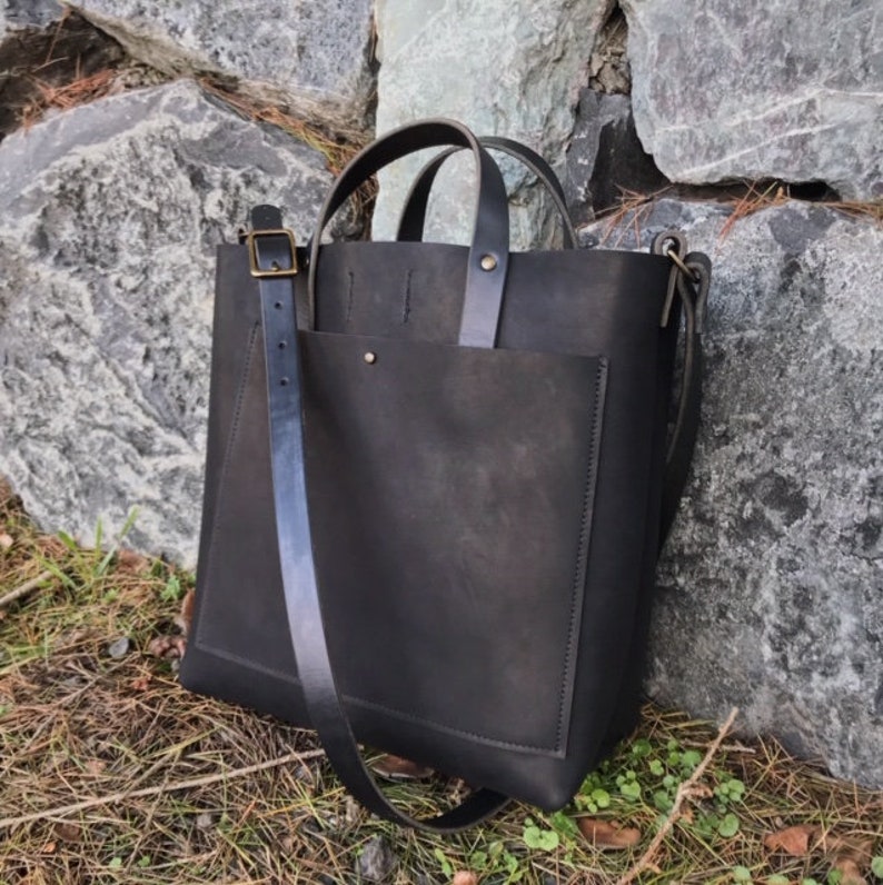 Black Leather Crossbody Tote Leather Crossbody Bag With Front Etsy