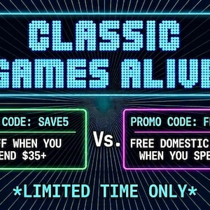 Op de afbeelding: Een promotionele afbeelding met de tekst "CLASSIC GAMES ALIVE" in een neon-stijl lettertype. Het bevat twee aanbiedingen: 5% korting bij besteding van &euro;35+ en gratis binnenlandse verzending bij besteding van &euro;49+. De afbeelding staat tegen een donkerblauwe achtergrond.