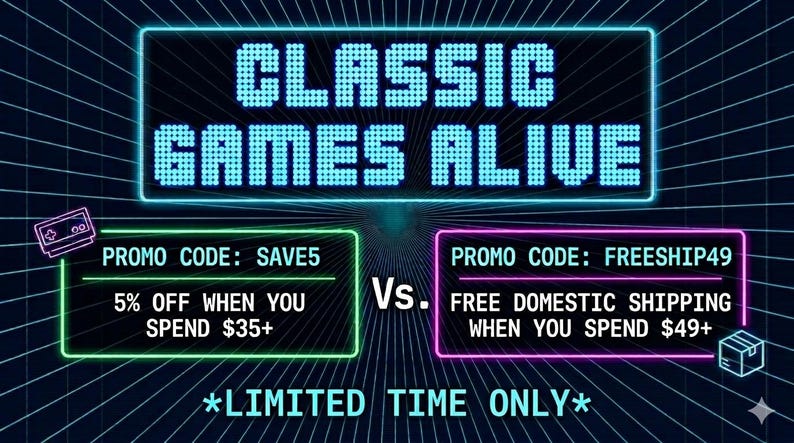 Op de afbeelding: Een promotionele afbeelding met de tekst "CLASSIC GAMES ALIVE" in een neon-stijl lettertype. Het bevat twee aanbiedingen: 5% korting bij besteding van &euro;35+ en gratis binnenlandse verzending bij besteding van &euro;49+. De afbeelding staat tegen een donkerblauwe achtergrond.