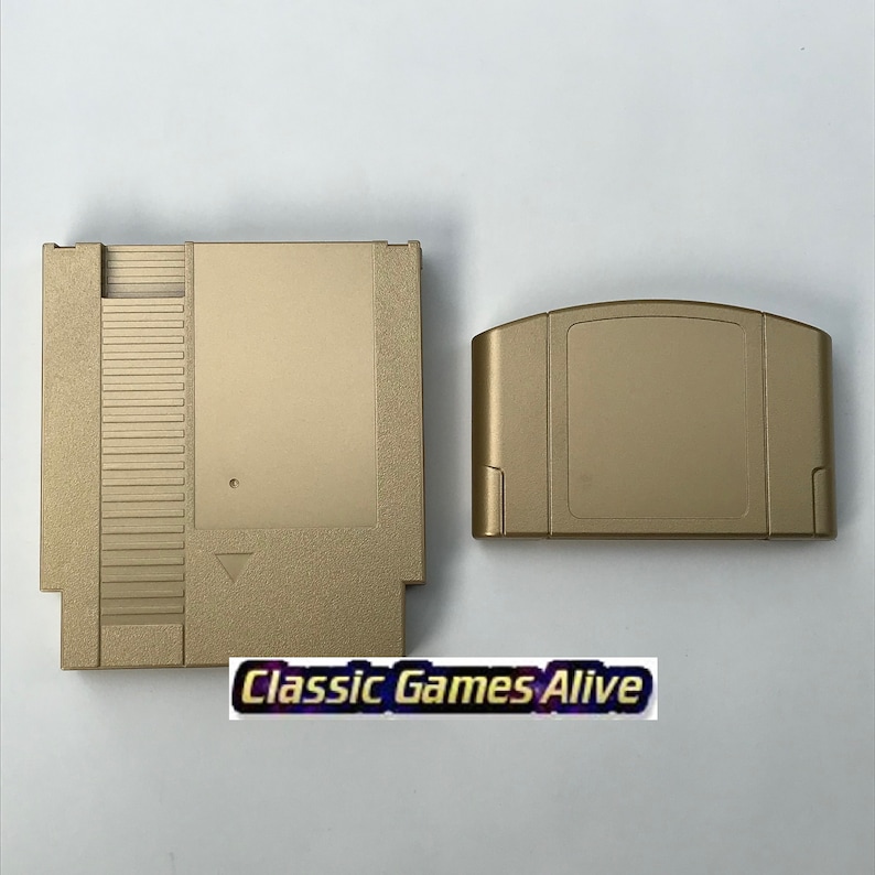 May include: Two gold-colored video game cartridges, one rectangular and the other more rounded. The rectangular cartridge is for the NES, and the other is for the Nintendo 64. The text "Classic Games Alive" is at the bottom.