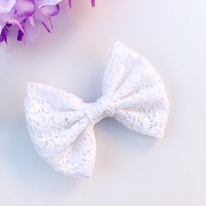 White Lace Hair Bow, Easter Bow For Girls, Flower Girl Hair Accessories, Special Occasion Bow, Baby Shower Gift, Baby Headband, 4 Inch Bow