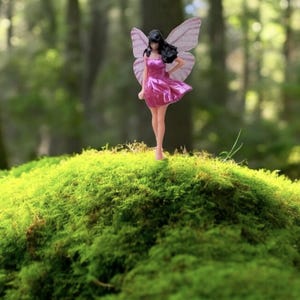Puede incluir: Una figura de hada en miniatura, con cabello negro, alas y vestido rosa, se encuentra sobre un lecho de musgo verde vibrante. El hada posa en un entorno natural al aire libre, con un fondo borroso de bosque.