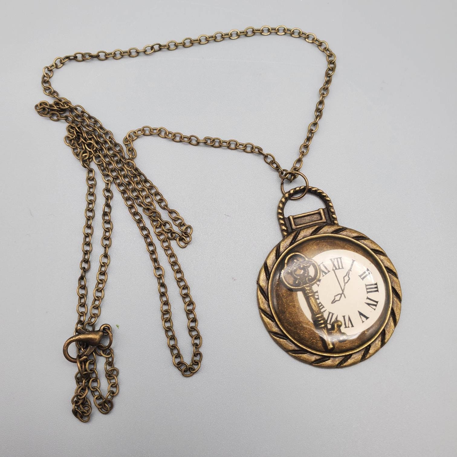 Antique Bronze Vintage Clock and Key Cobochon Chain Necklace Etsy