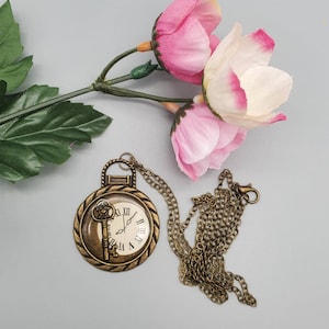 Antique Bronze Vintage Clock and Key Cabochon Chain Necklace Clock Vintage Jewelry Key Jewelry Antique Bronze Necklace Steampunk Jewelry