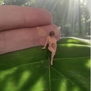 May include: A small fairy figurine with translucent wings and brown hair, posed on a large green leaf. The fairy is nude, with a seated posture. The background is a blurred view of a sunlit forest.