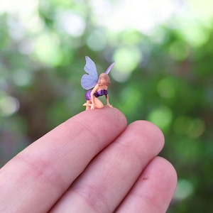May include: A tiny fairy figurine, dressed in purple and gold, with delicate blue wings. The fairy is kneeling. The background is a soft focus of green foliage.