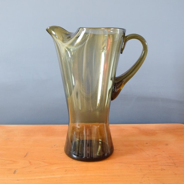 Olive Green Blown Glass Pitcher | Handcrafted Jug | Housewarming Present Gift | Summer Tea Lemonade | Collectible Keepsake | Christmas MCM