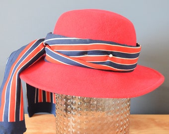 Scarlet Red Fedora | Ruby Felt Hat | Wide Brim Floppy Hat | Scarf Bow Formal Statement | Birthday Christmas | Arlin Genuine Wool Made in USA